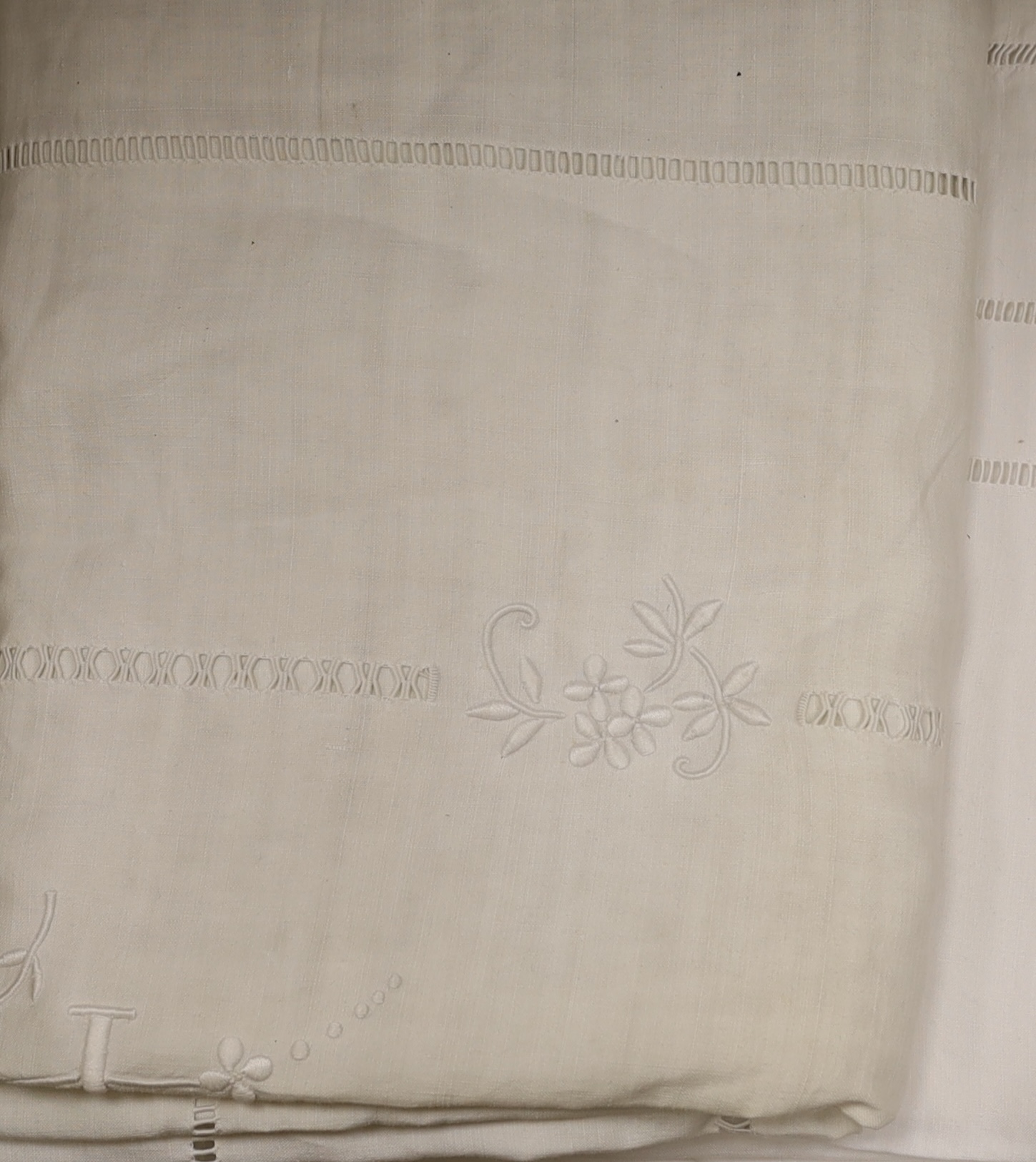 A French provincial crochet edged and monogrammed sheet, a lace inserted and monogrammed sheet, two embroidered and monogrammed sheets (4). Condition - good, all laundered, may need re-laundering